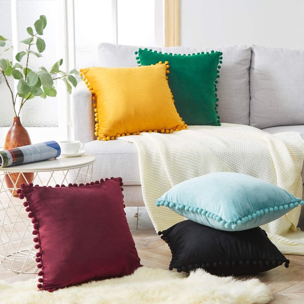 Pom-poms Velvet Solid Cushion Covers - Picture 2 of 8